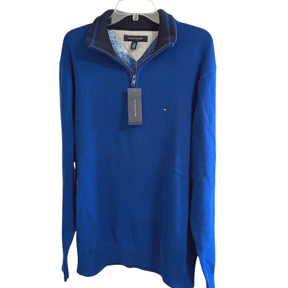 Tommy Hilfiger Mens XL Royal Blue 100% Cotton Quarter Zip Mock Neck Sweater NWT